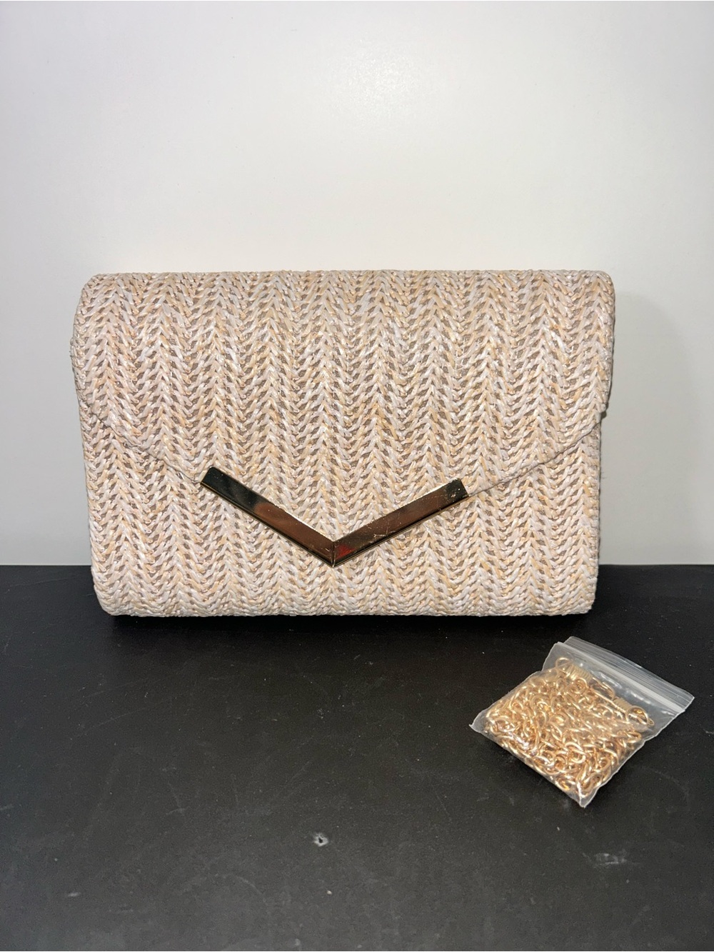 Neutral Woven Straw Clutch with Gold Accent